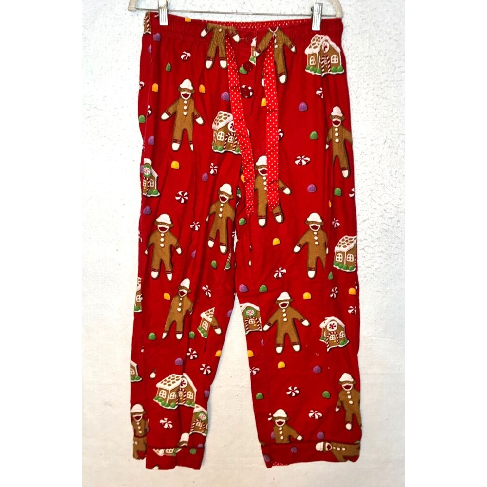 Nick & Nora Women’s sz L Flannel Pajama Pants Sock Monkey Christmas Red Cotton